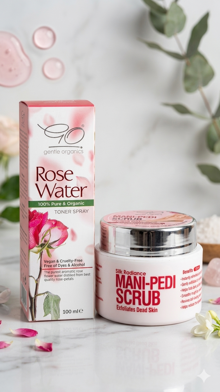Silk Radiance Mani Pedi Scrub (120g) + Organic Rose Water Bundle